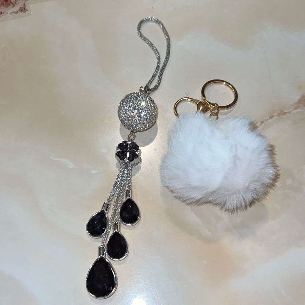2 Purple gems & white faux fur purse key chains